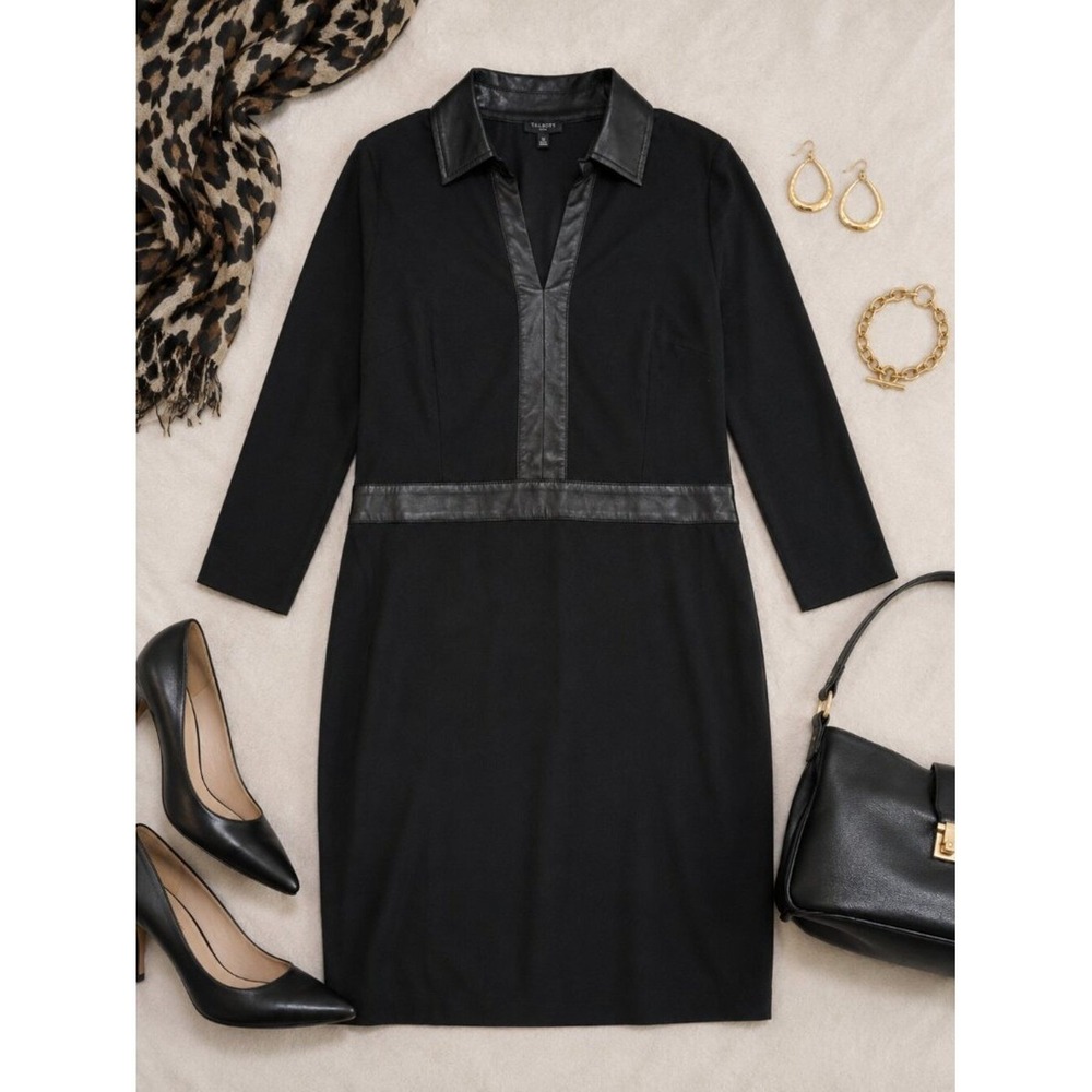 Talbots Women's Faux Leather Trimmed Black Ponte Dress, Collar Neck, Size 6P